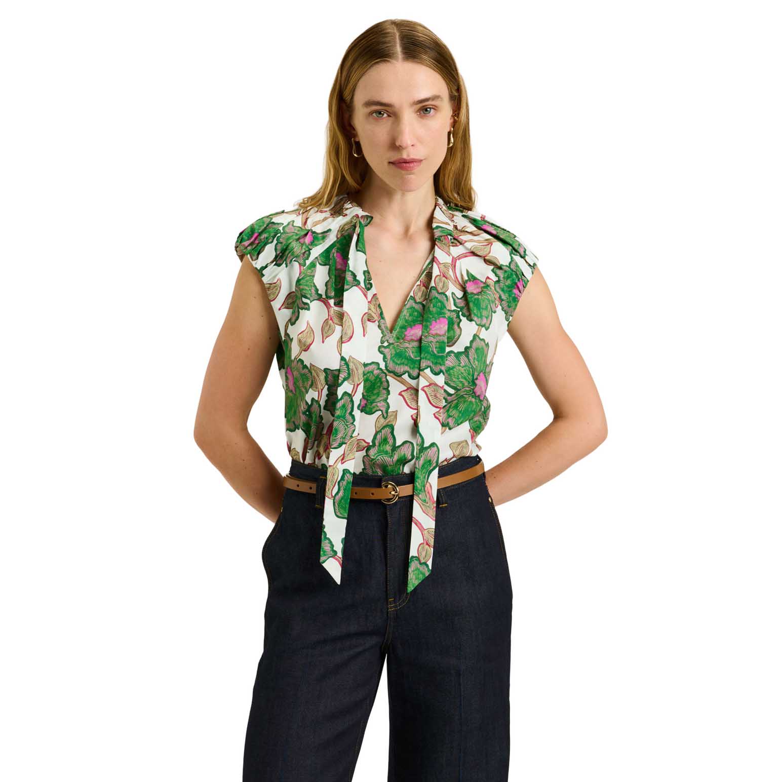 Veronika Maine Ivory Batik Bloom Tie Neck Top